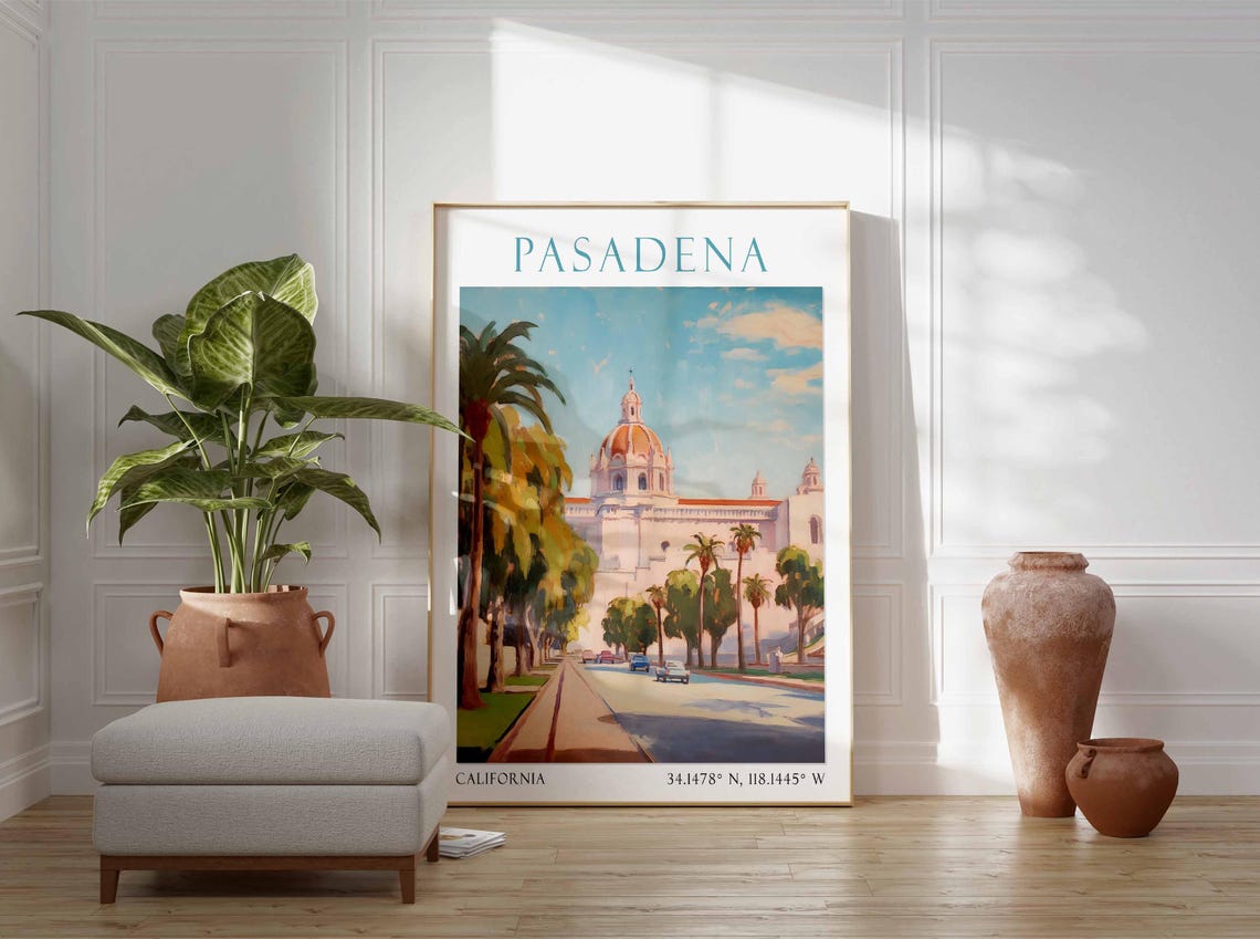 Pasadena California City Hall Palms Watercolor Travel Poster - Image 4