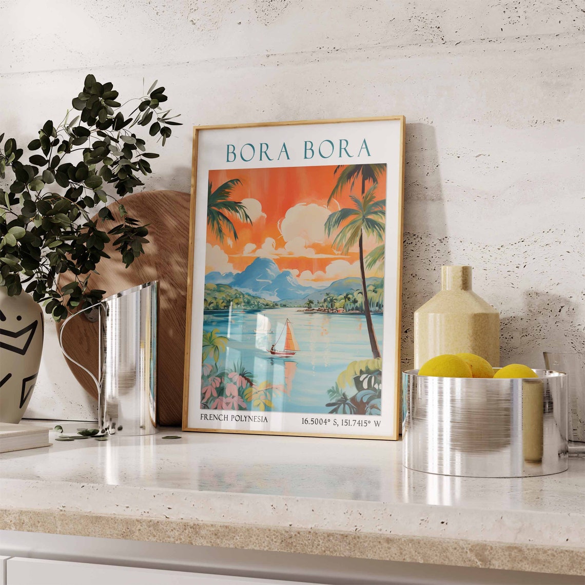 Sunset Sailboats on the Bora Bora Lagoon with Palm Trees Poster - Image 3