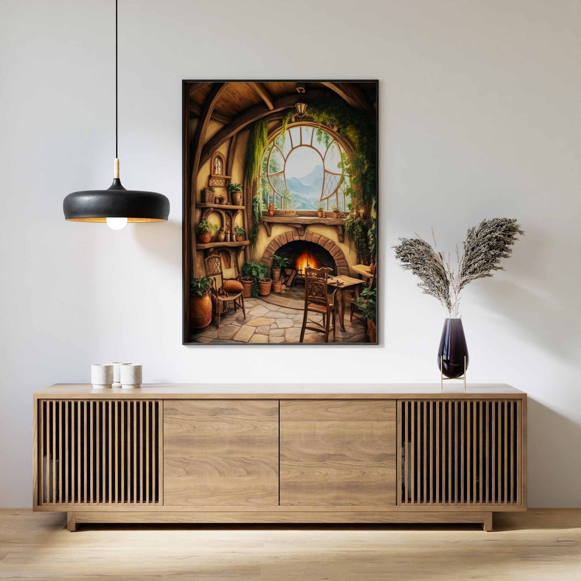 Hobbit Hole Fireplace Interior Poster With Mountain View Scene - Image 3