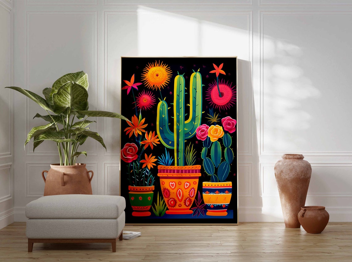 Neon Mexican Potted Cactus Trio Folk Art Poster Design on Black - Image 3