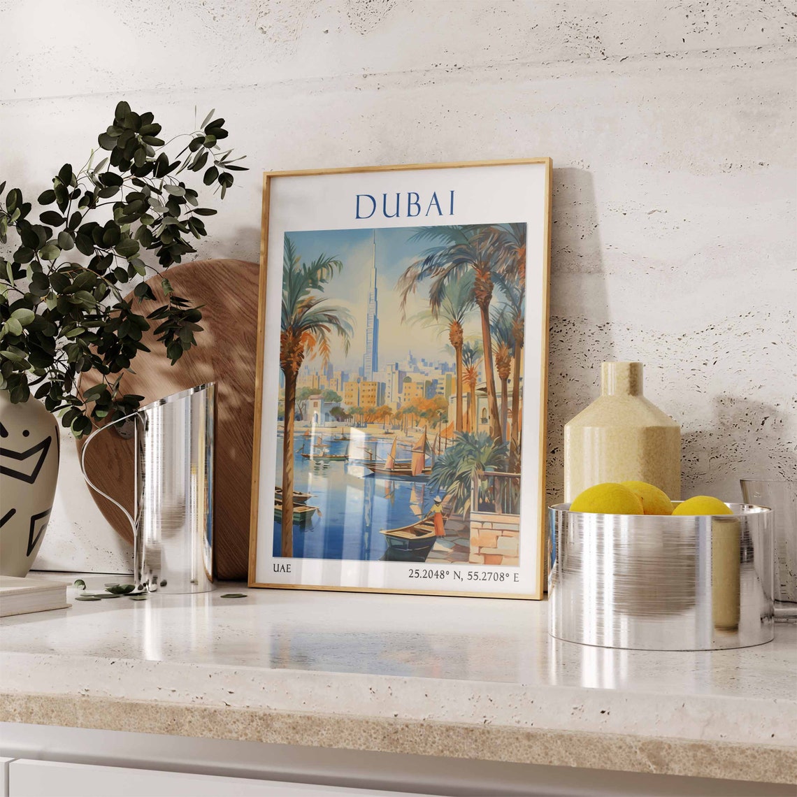 Dubai Harbor with Wooden Dhows and Burj Khalifa Skyline Poster Art - Image 3