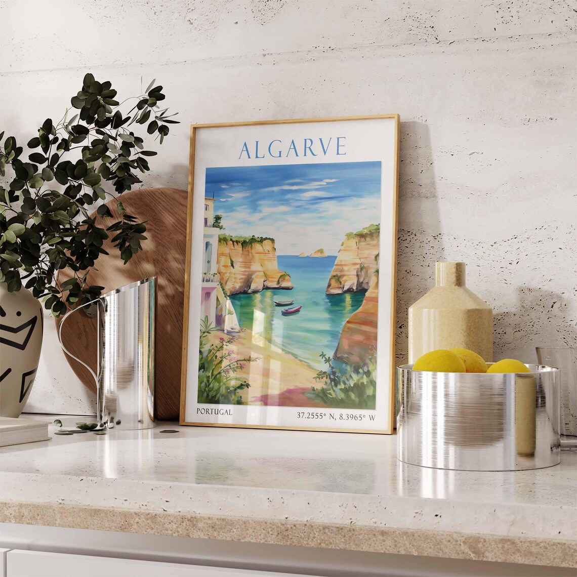Algarve Portugal Golden Cliff Cove Watercolor Coast Travel Poster - Image 3