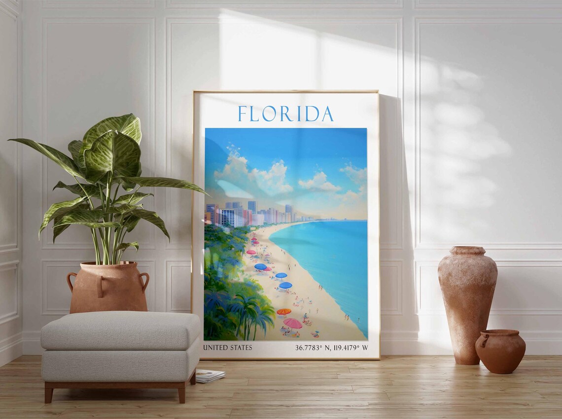 Florida Miami Beach Ocean Umbrellas Watercolor Travel Poster - Image 3