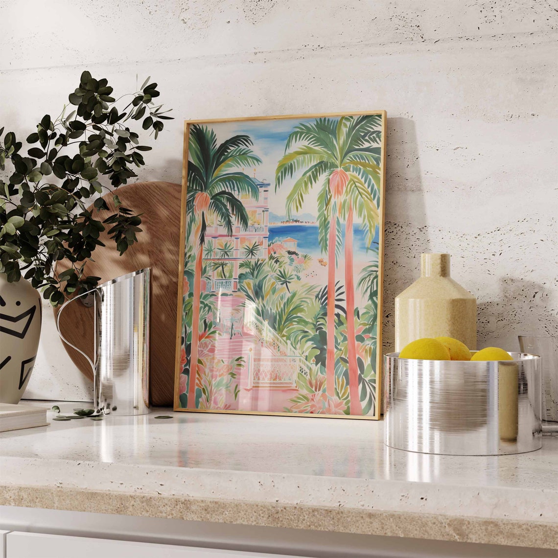 Beautiful Pink Seaside Villa Palm Tree Ocean View Day Poster - Image 2