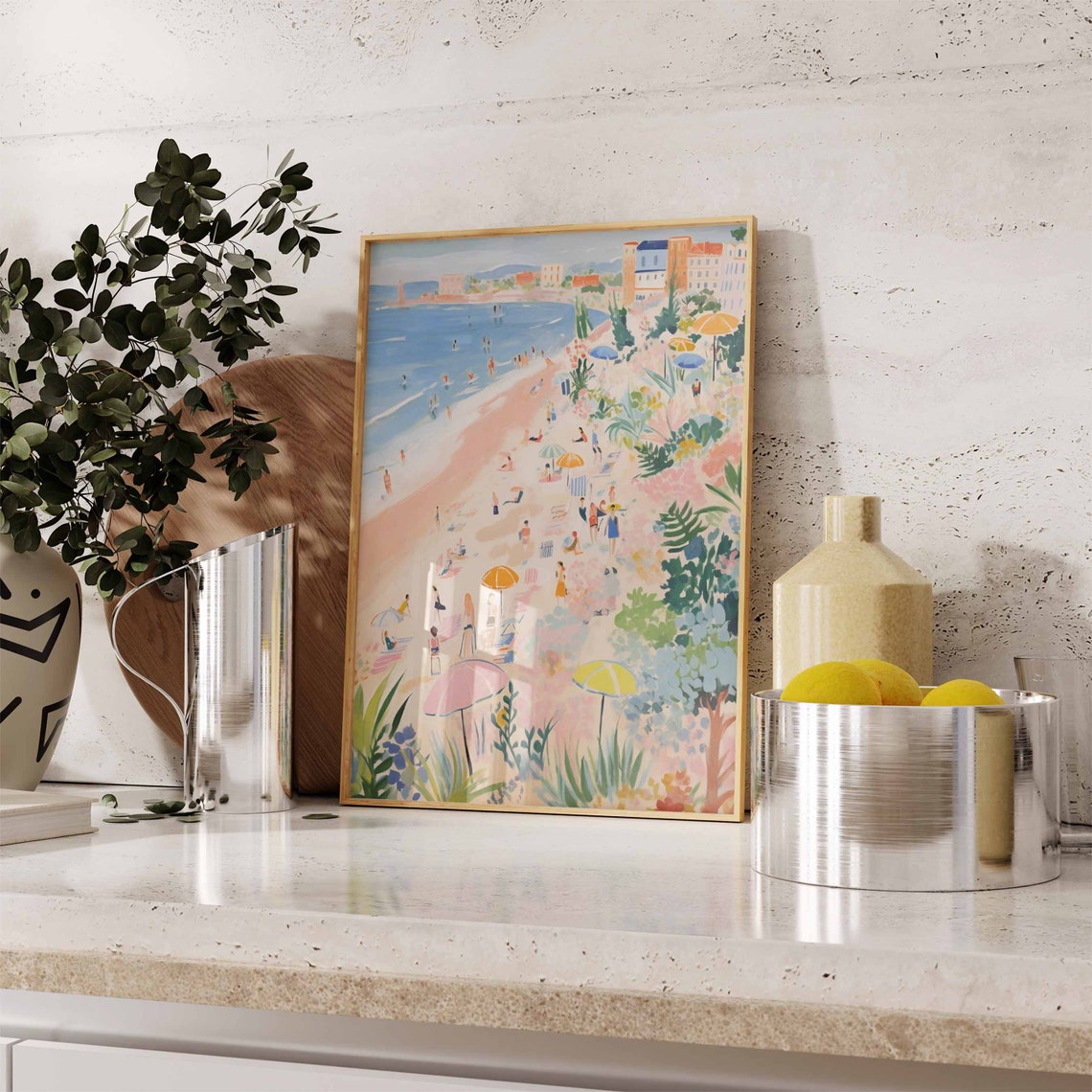 Cliffside Beach View Pink Umbrellas Lighthouse Bay Day Poster - Image 2