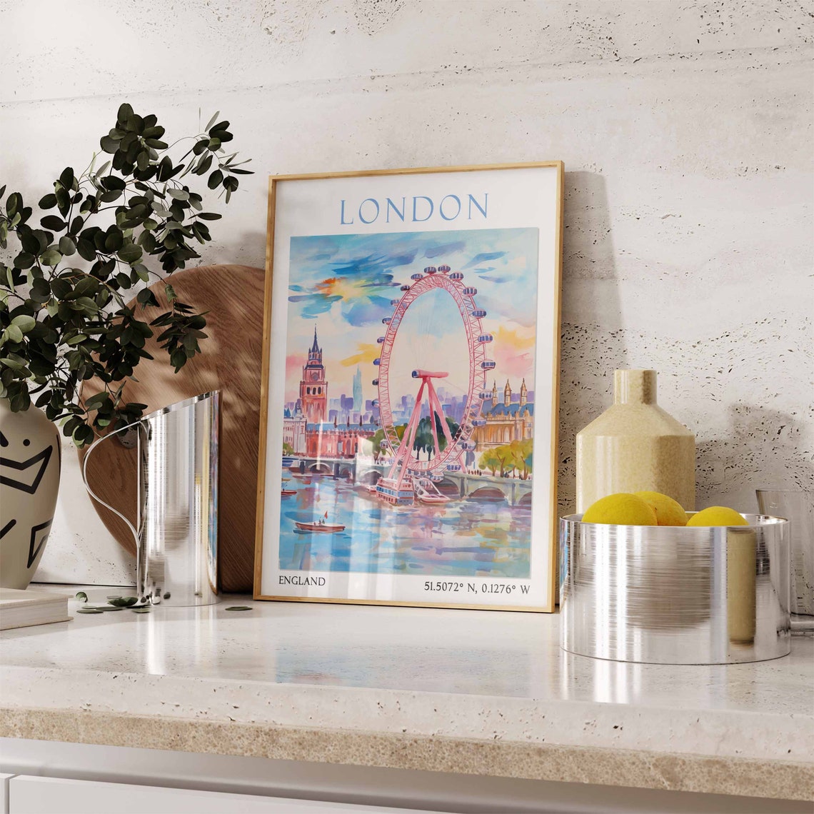 London Eye and Big Ben Sunset Over Thames Watercolor Travel Poster - Image 3