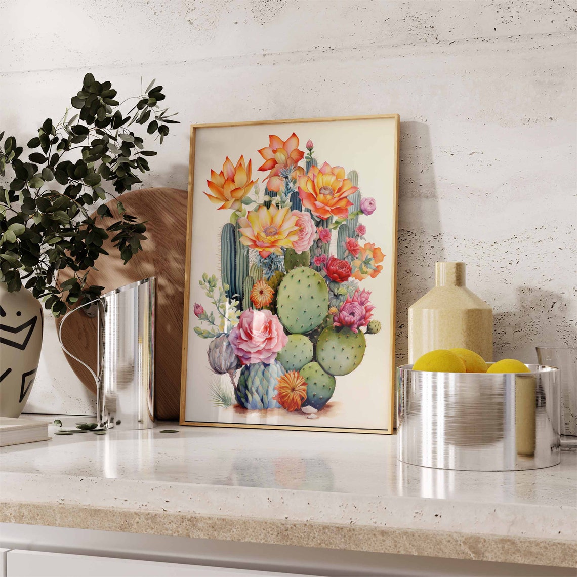 Watercolor Prickly Pear Cactus with a Pink Rose Bouquet Poster - Image 2
