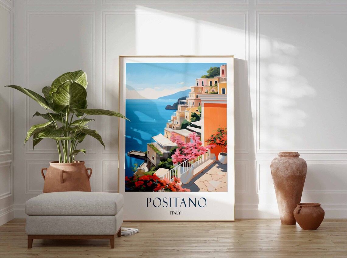 Positano Italy Sea View Terrace Pink Bougainvillea Bell Tower Poster - Image 2