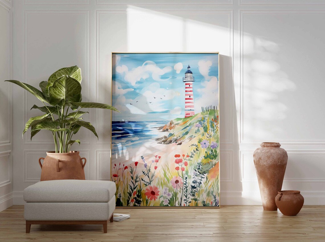 Striped Lighthouse Above a Beach Meadow of Wildflowers Poster - Image 3