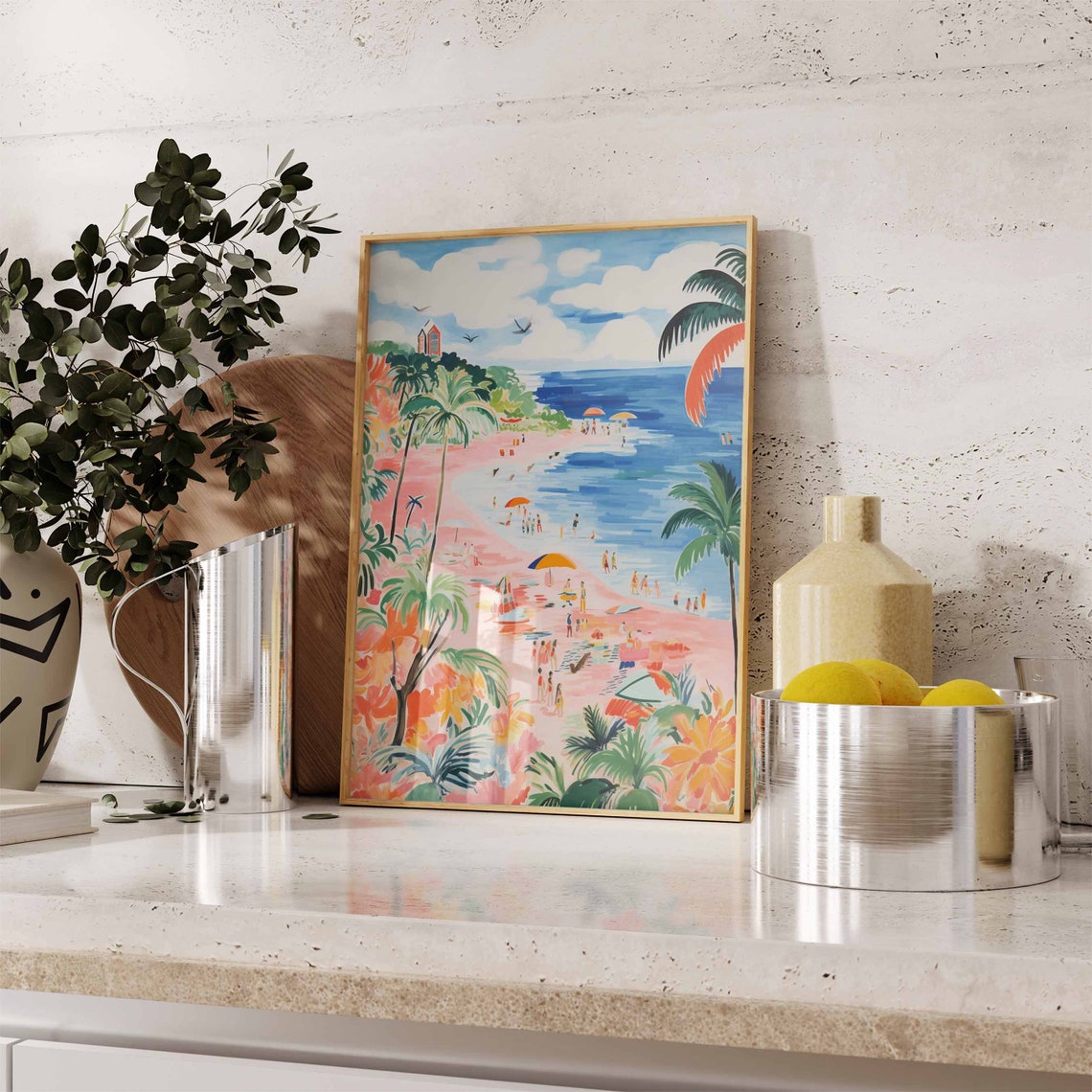 Pink Curved Beach Palm Tropical Resort Birds Vacation Poster - Image 2