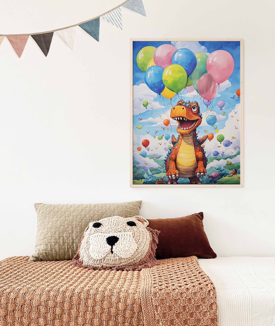 Happy Orange T-Rex with Balloons Watercolor Poster for a Boys Room - Image 3