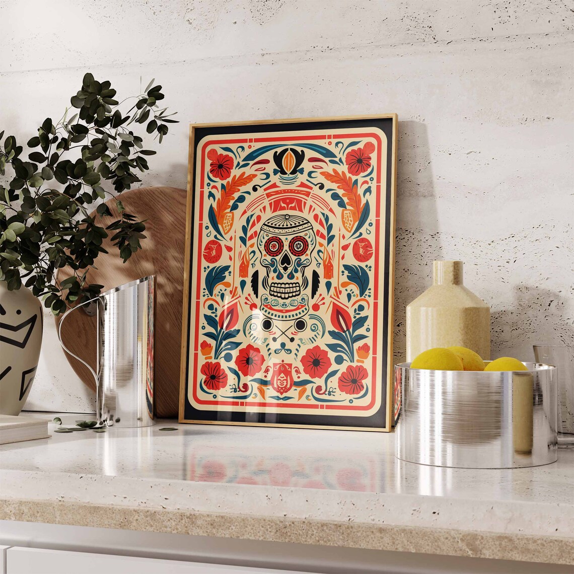 Colorful Sugar Skull Folk Floral Border Mexican Day of Dead Poster - Image 2
