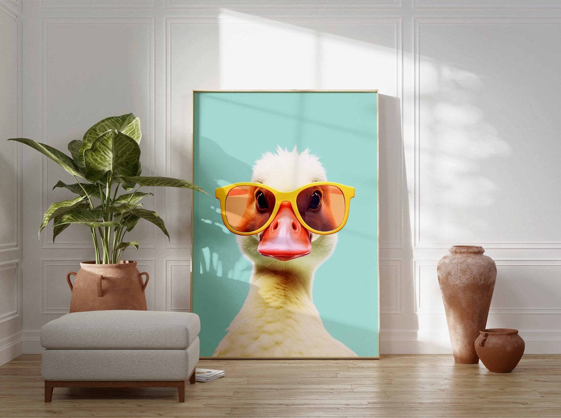 Happy Duckling in Yellow Sunglasses on a Turquoise Background Poster - Image 3
