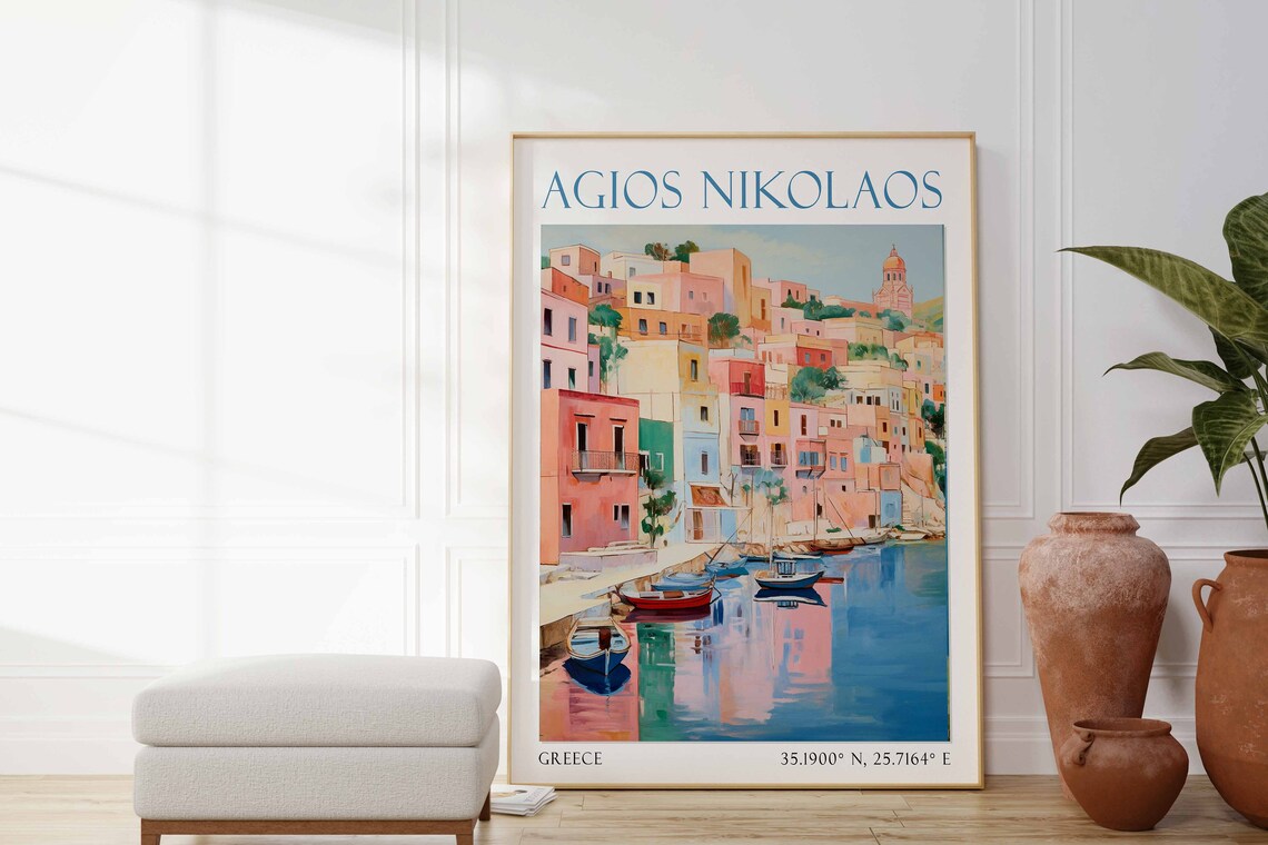 Agios Nikolaos Crete Greece Pastel Harbor Village Waterfront Poster - Image 3