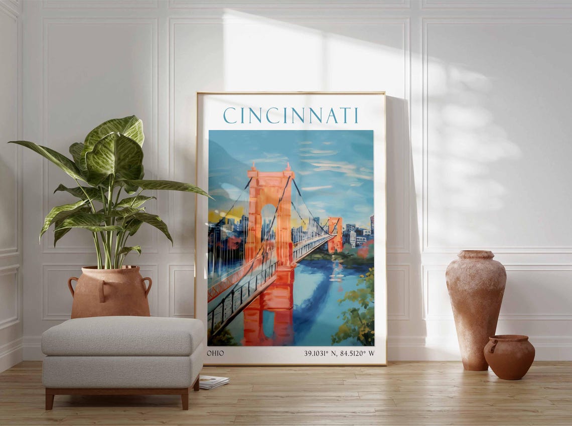 Cincinnati Ohio Historic Suspension Bridge Over the River Poster - Image 2