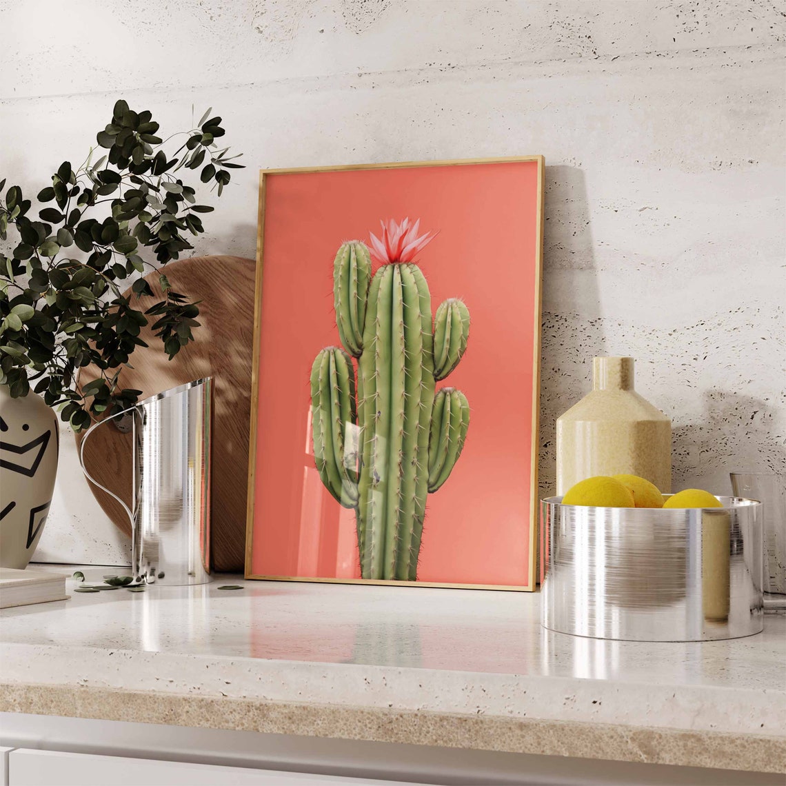 Columnar Cactus with a Single Pink Blossom on Coral Orange Poster - Image 2