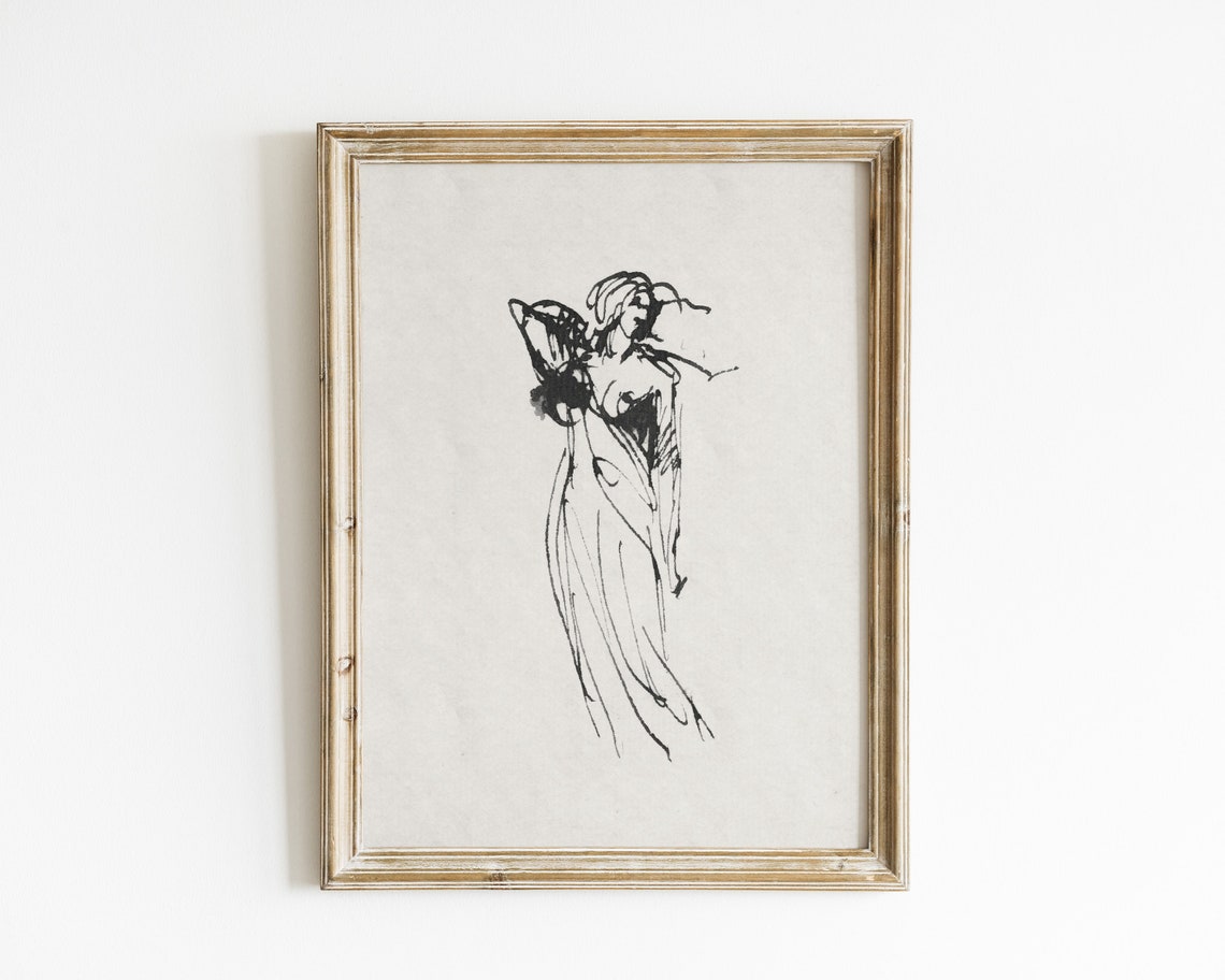 Vintage Sketch Woman Drawing Art Print, Abstract Line Art