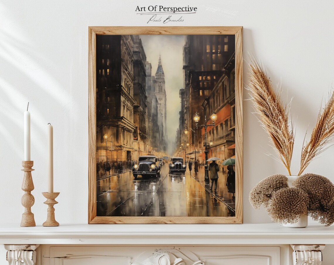 Mid Century New York Cityscape Wall Art Architecture Oil Painting