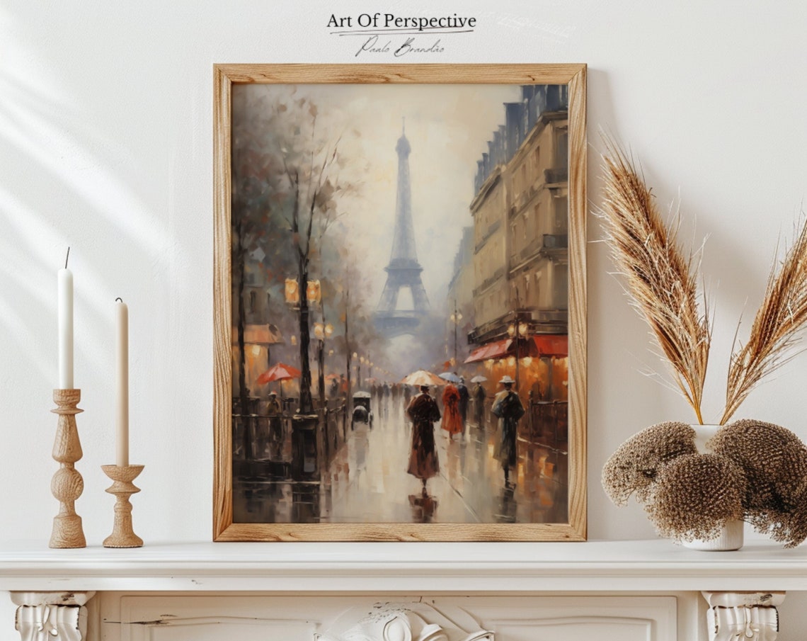 Paris Eiffel Tower Rainy Street Umbrellas Romantic City Scene Poster