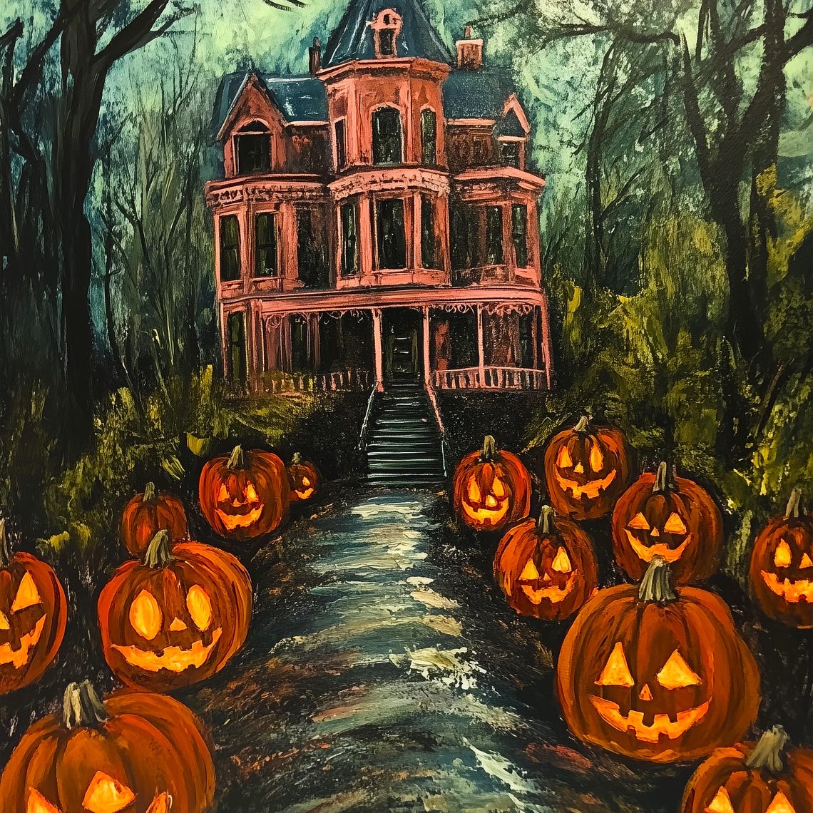 Haunted House with Glowing Jack O Lanterns Spooky Halloween Wall Art - Image 3