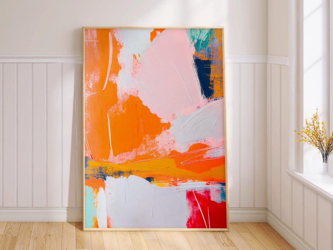 Burnt Orange Pink White Palette Knife Abstract Painting Poster - Image 2
