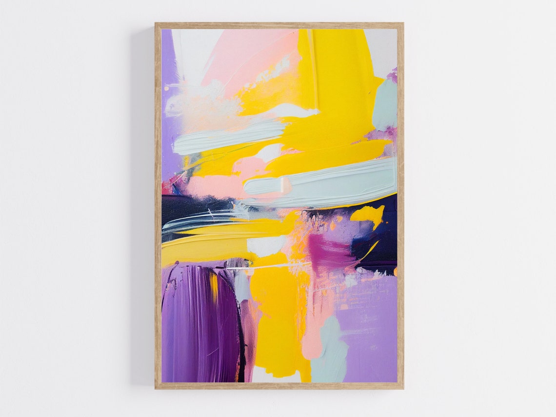 Energetic Abstract Yellow Purple Navy Brushwork Modern Canvas Wall Art - Image 4