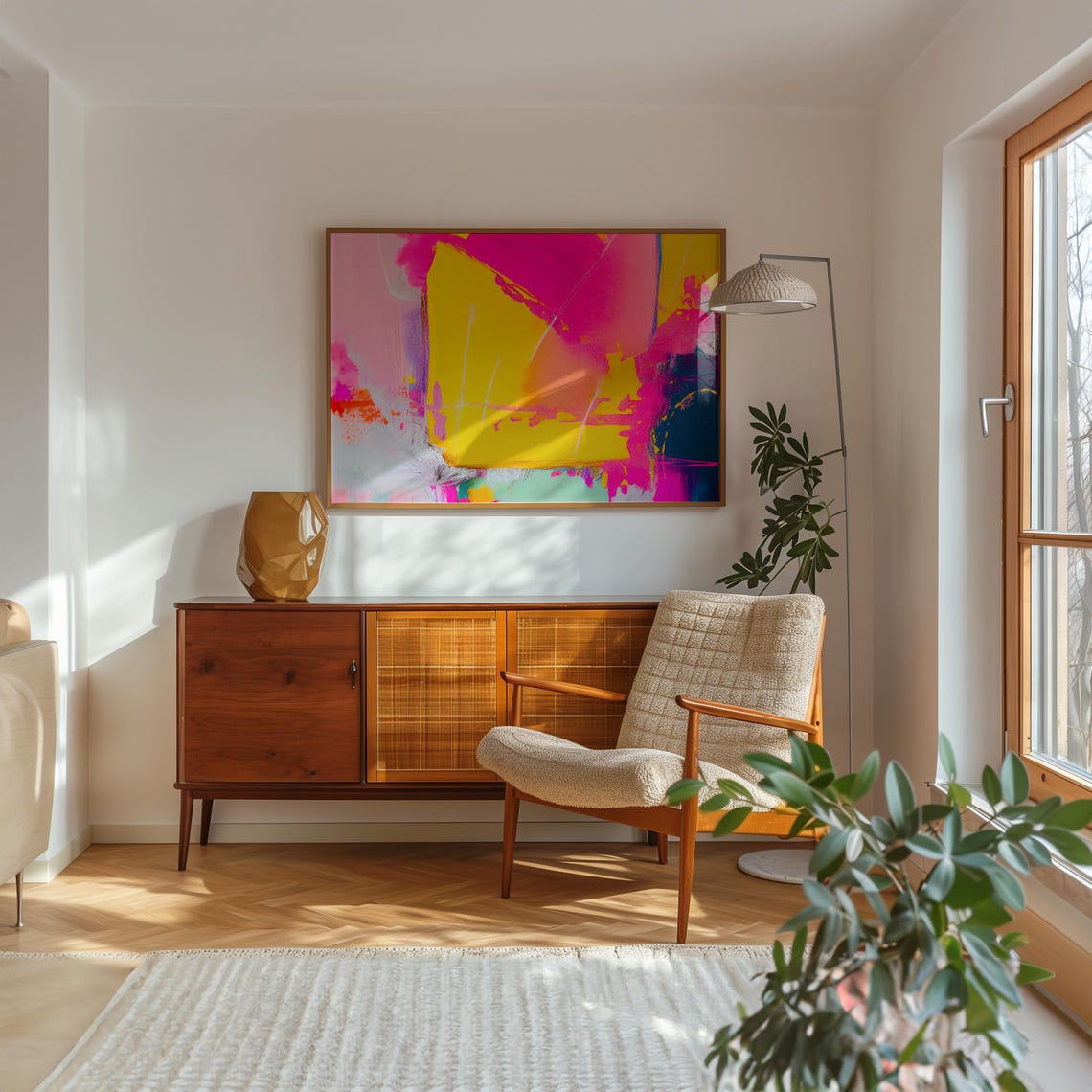 Golden Yellow Fuchsia Navy Arch Dramatic Abstract Painting Poster - Image 2