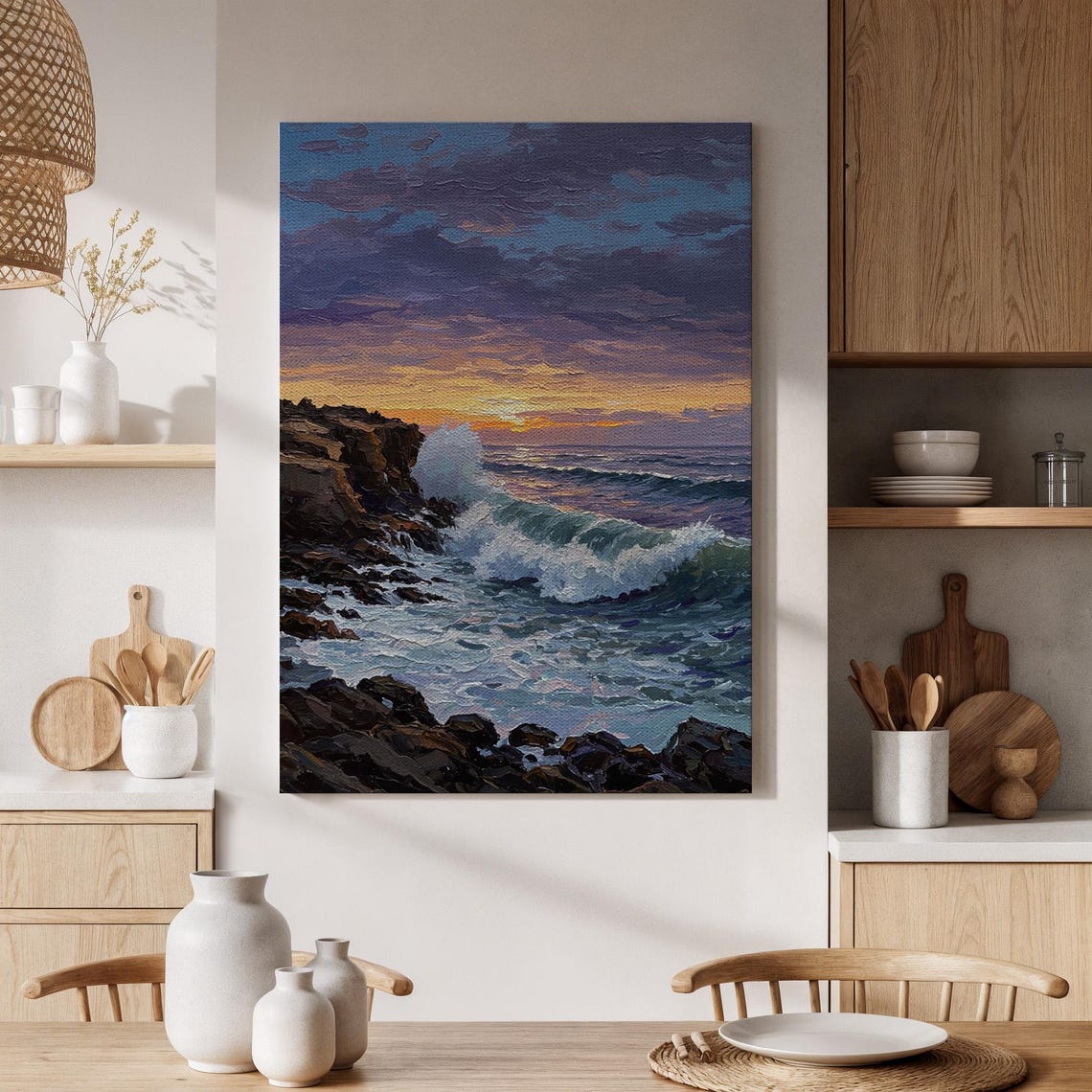 Sunset Waves Crashing On Rocky Cliffs Coastal Oil Painting Poster