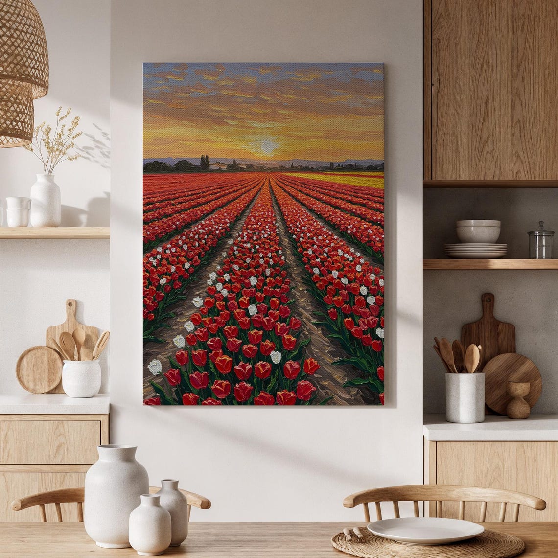 Red Tulip Field Rows At Golden Sunset Landscape Painting Poster