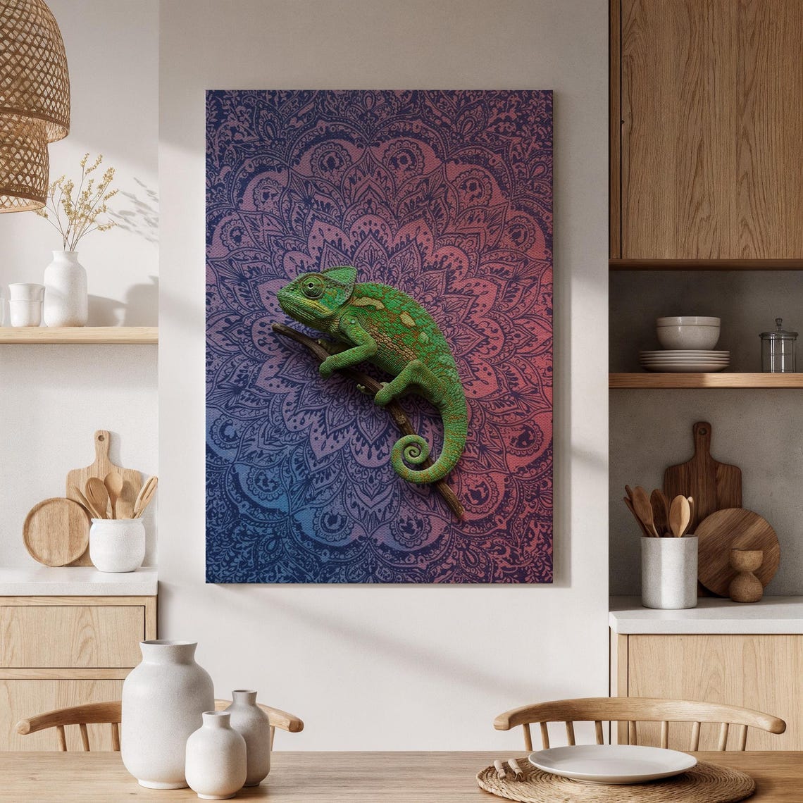 Green Chameleon Mandala Purple Pink Vibrant Reptile Art Poster