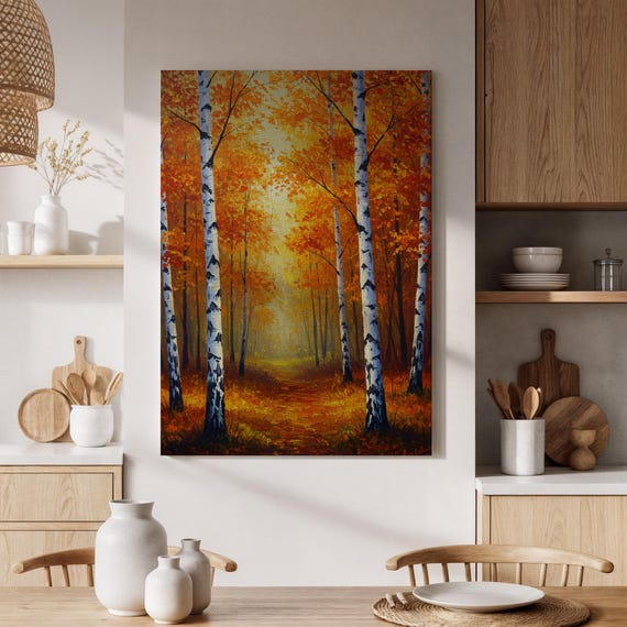 Framed Autumn Forest Canvas Print Fall Landscape Art Birch Trees And Orange Leaves Decor For Living Room Bedroom Or Office
