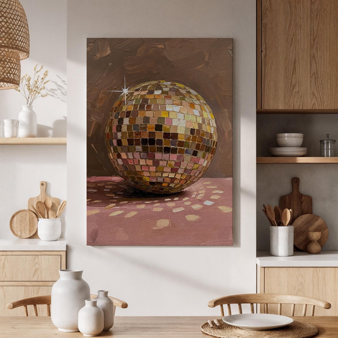 Golden Disco Ball Still Life Painting On Retro Pink Table Poster