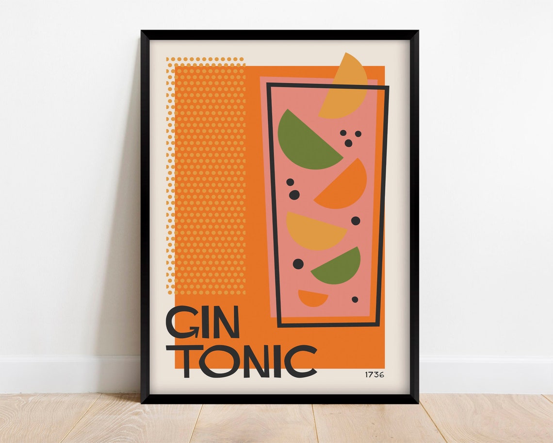 Gin Tonic Retro Mid Century Colorful Cocktail Kitchen Wall Poster