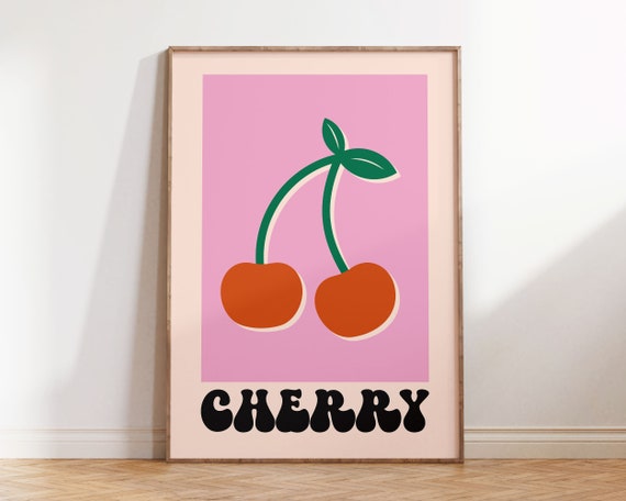 Cherry Retro Pink Poster Funky Girly Wall Art Groovy Decor Preppy Room Decor
