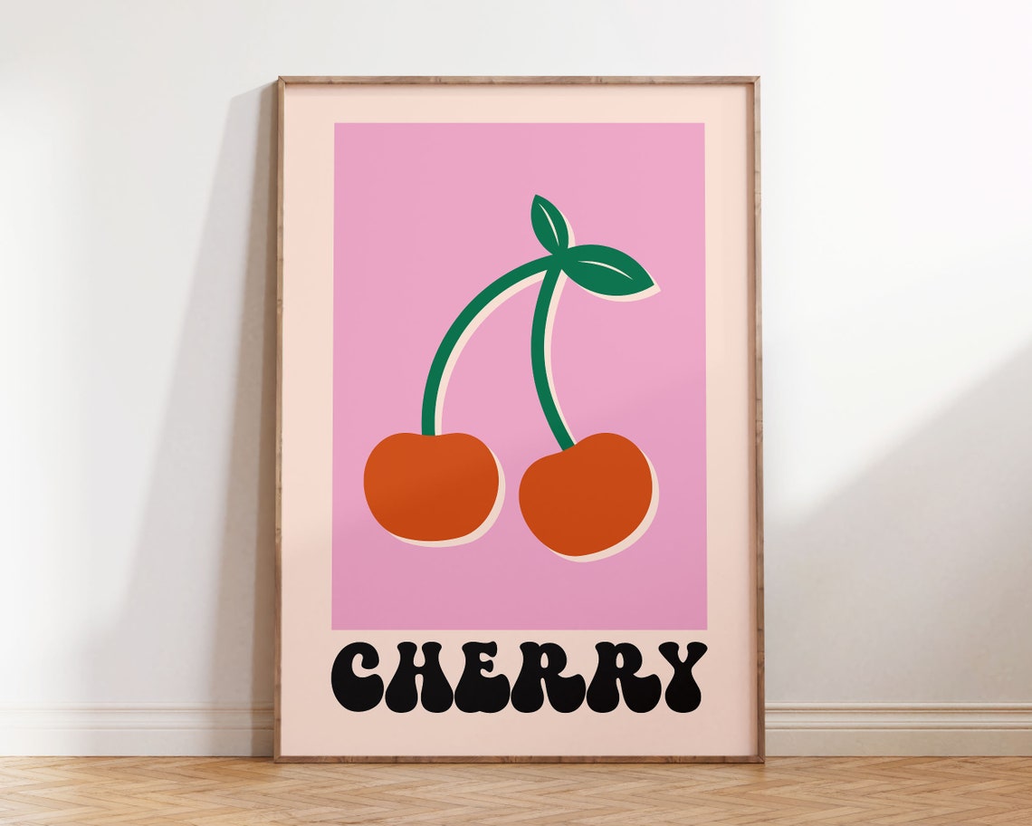 Cherry Retro Groovy Red Fruit Pink Kitchen Pop Wall Decor Art Poster