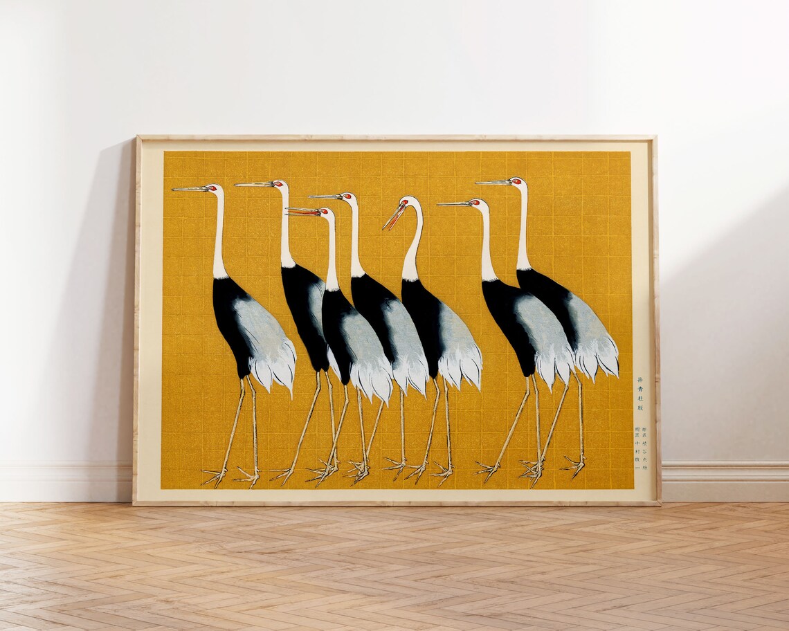 Japanese Crane Bird Vintage Poster, Horizontal Landscape