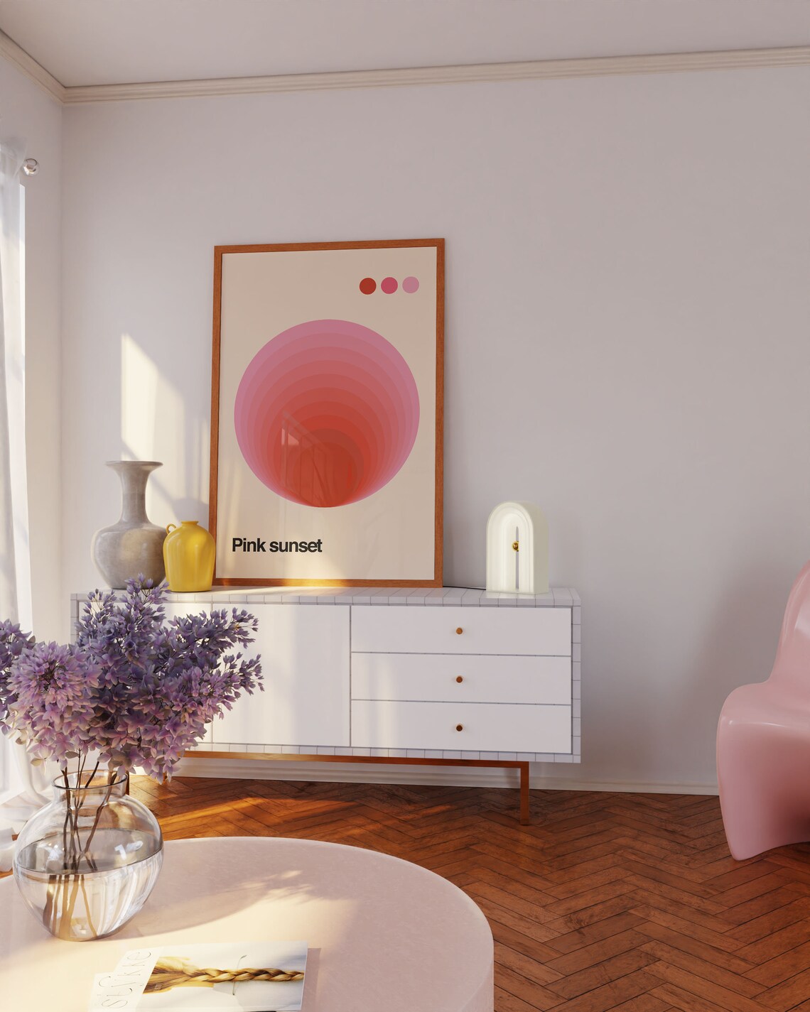 Retro Pink Sunset Print, Minimalist Bauhaus Poster - Image 2