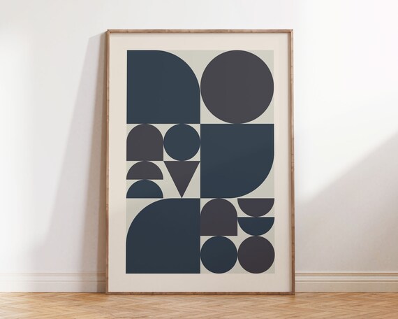 Dark Blue Retro Bauhaus Print Geometric Mid Century Modern Art Abstract Shapes Poster Style