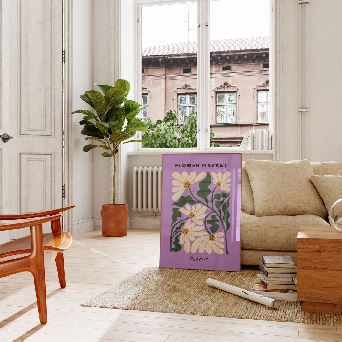 Flower Market Prague Purple Daisy Retro Botanical Illustration Poster - Image 3