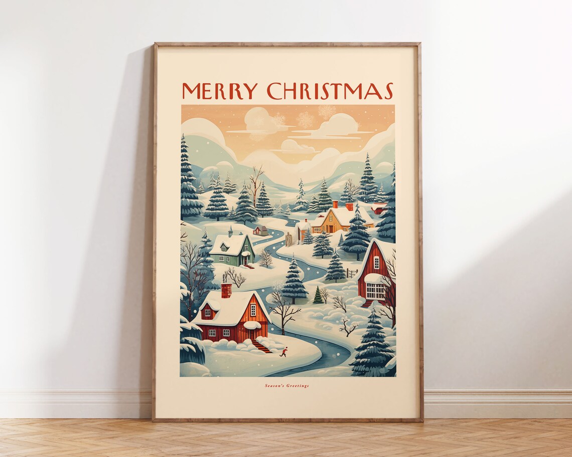 Merry Christmas Vintage Village Snowy Winter Holiday Wall Poster - Image 2