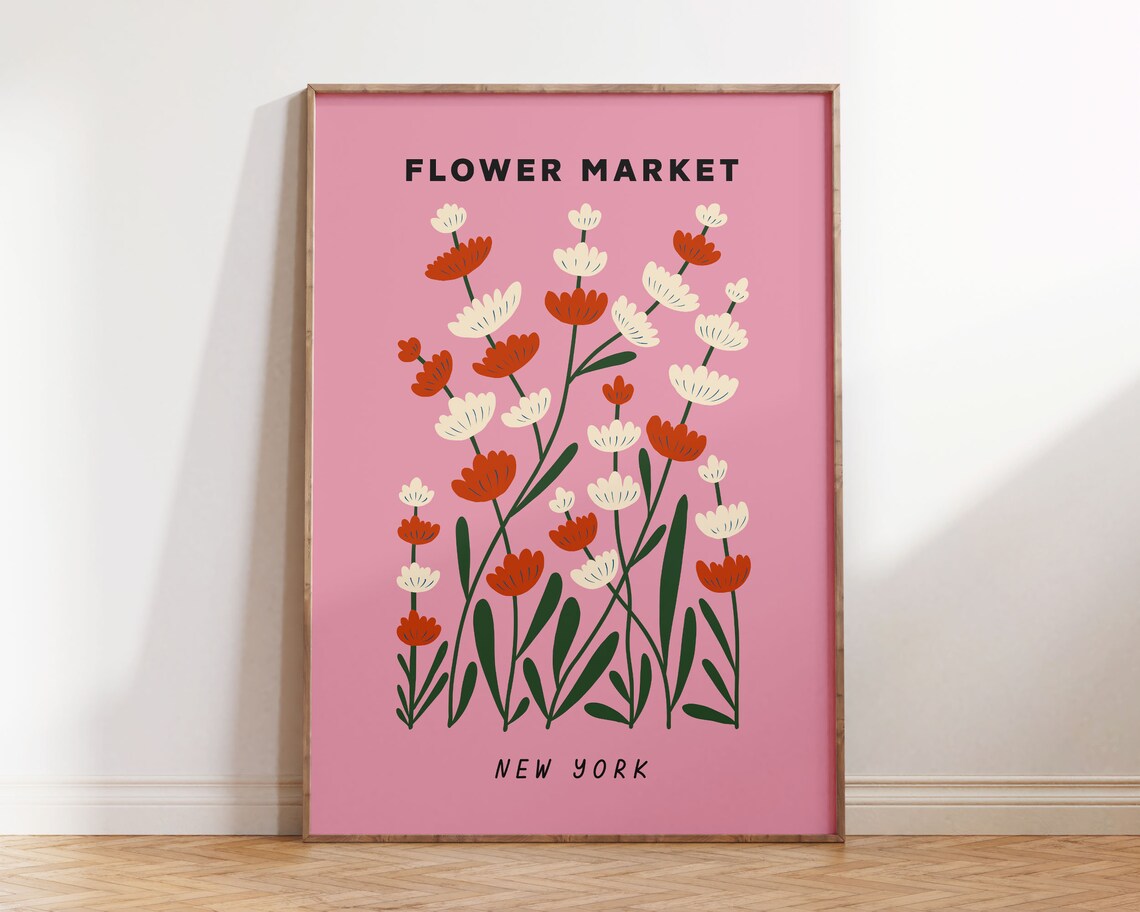 Flower Market New York Pink Floral Poppies Retro Botanical Poster