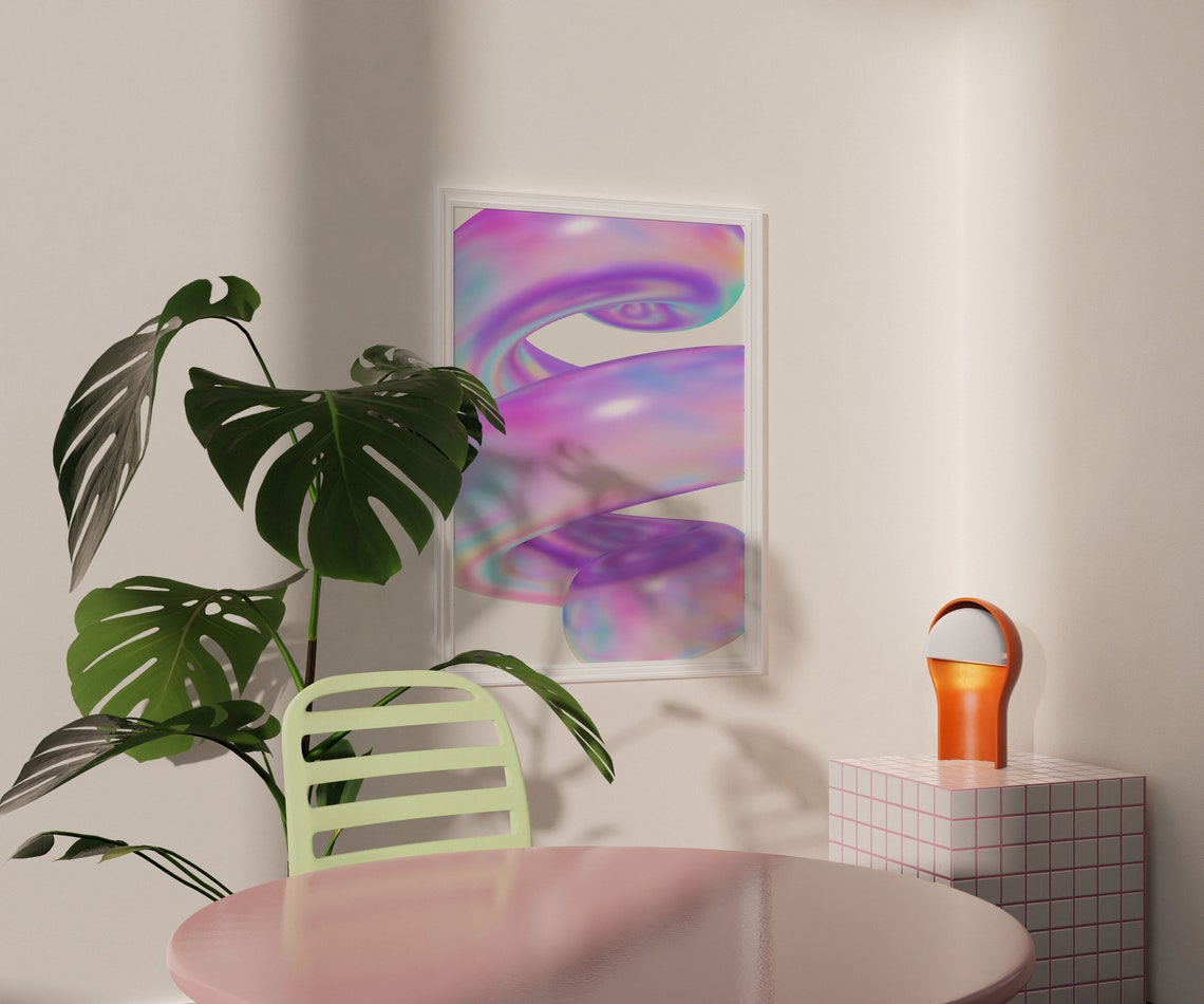 Y2K Iridescent Pink Purple Spiral Glossy 3D Swirl Abstract Art Poster - Image 2