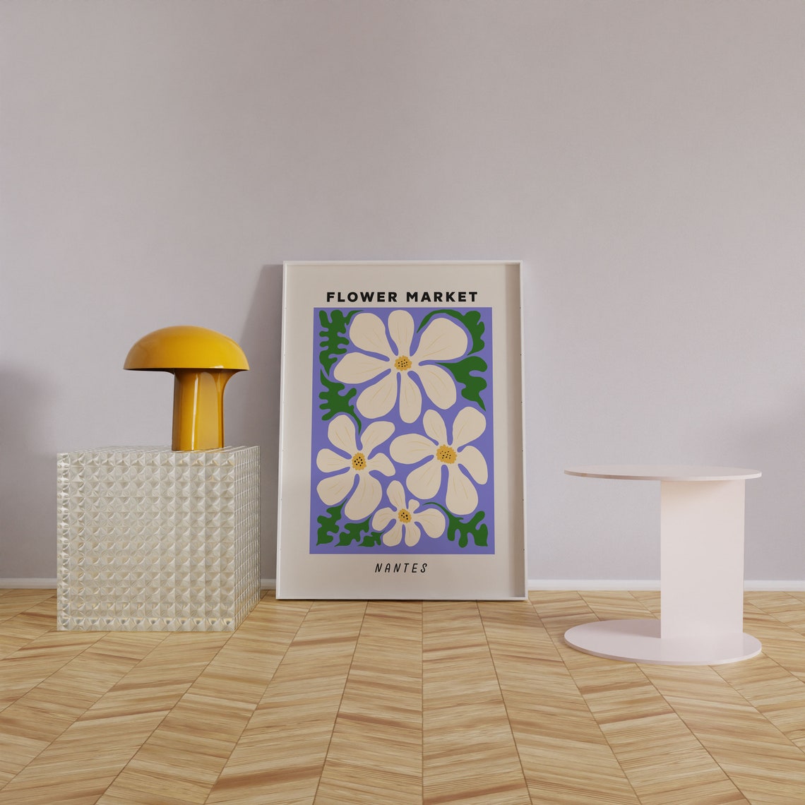 Flower Market Nantes White Daisies on Purple Background Poster - Image 2