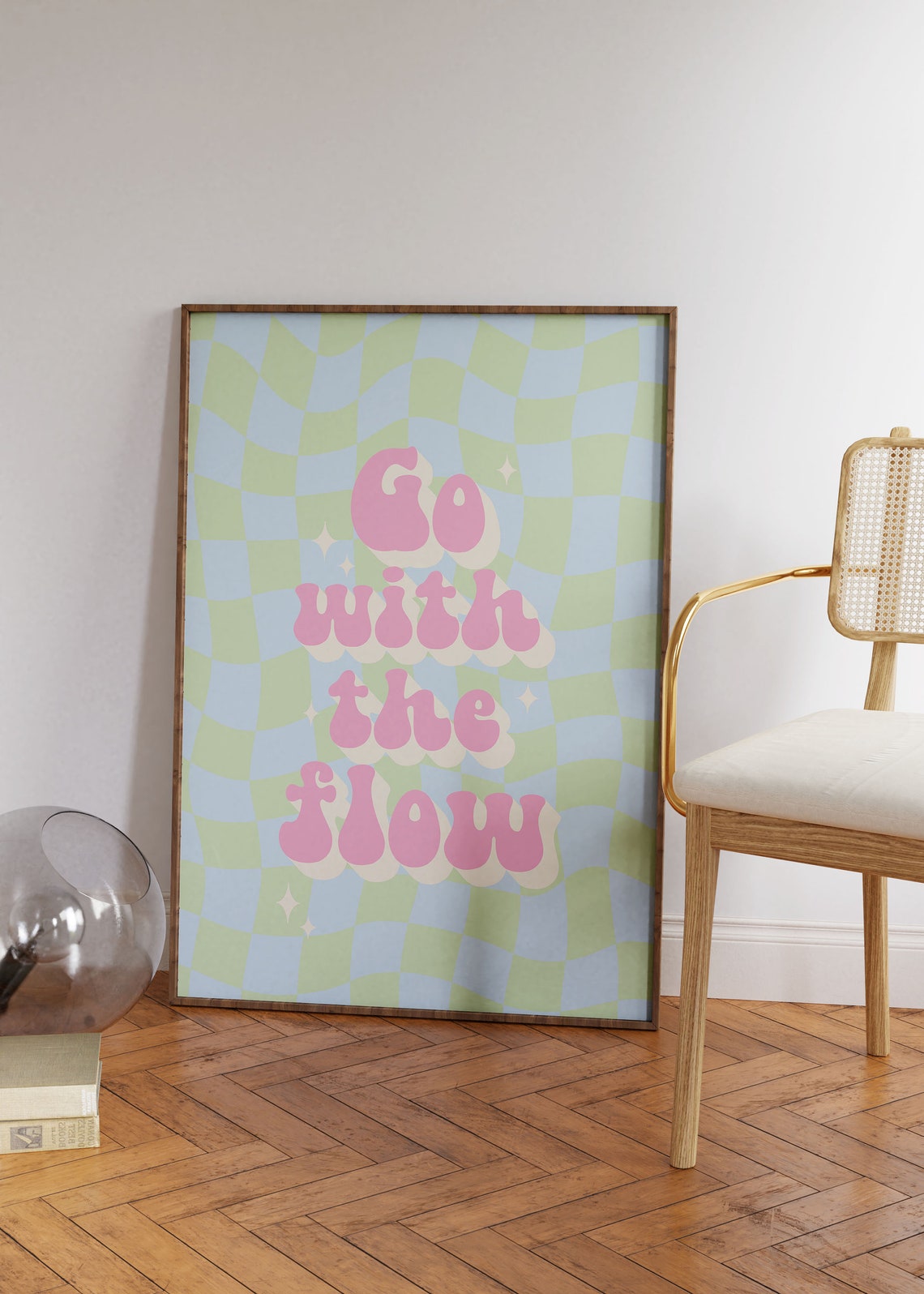 Go With the Flow Retro Groovy Checkered Pastel Quote Wall Art - Image 2