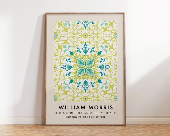 William Morris Teal Lime Ornamental Floral Cotton Prints Exhibition Poster
