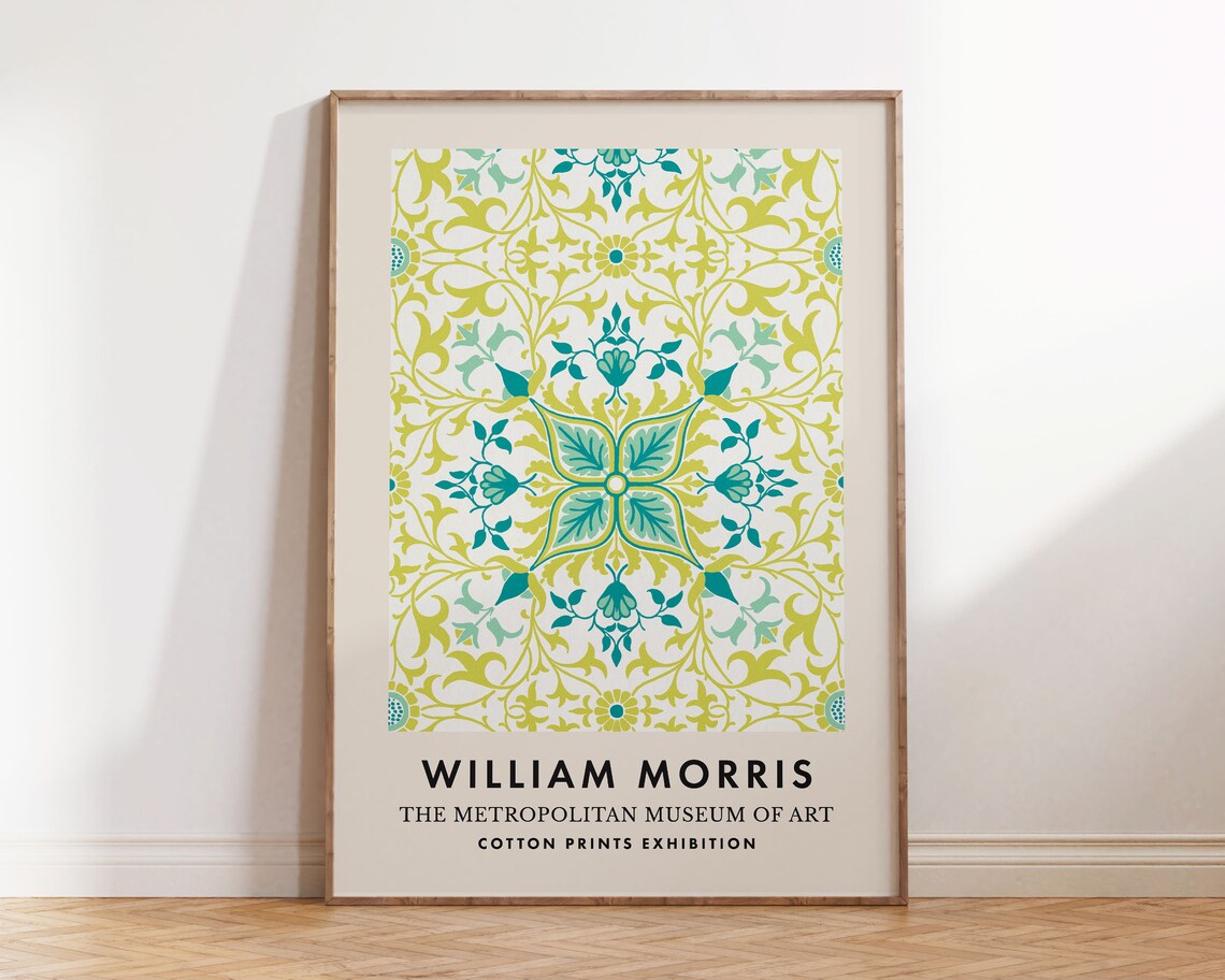 William Morris Teal Lime Ornamental Floral Cotton Prints Exhibition Poster