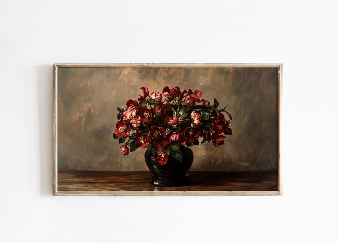 Moody Red Hellebore Flowers Black Vase Vintage Still Life Floral Print - Image 3