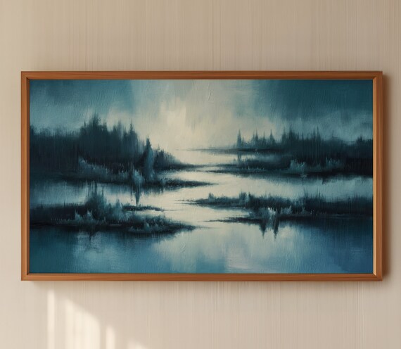 Coastal Frame Tv Art Misty Moody Winter Landscape Painting Minimalist Muted Teal Blue Tv Screen Abstract Modern Neutral Tv Decor