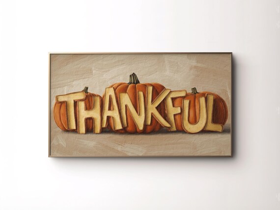 Thankful Wooden Letters Pumpkin Painting Rustic Thanksgiving Art Poster