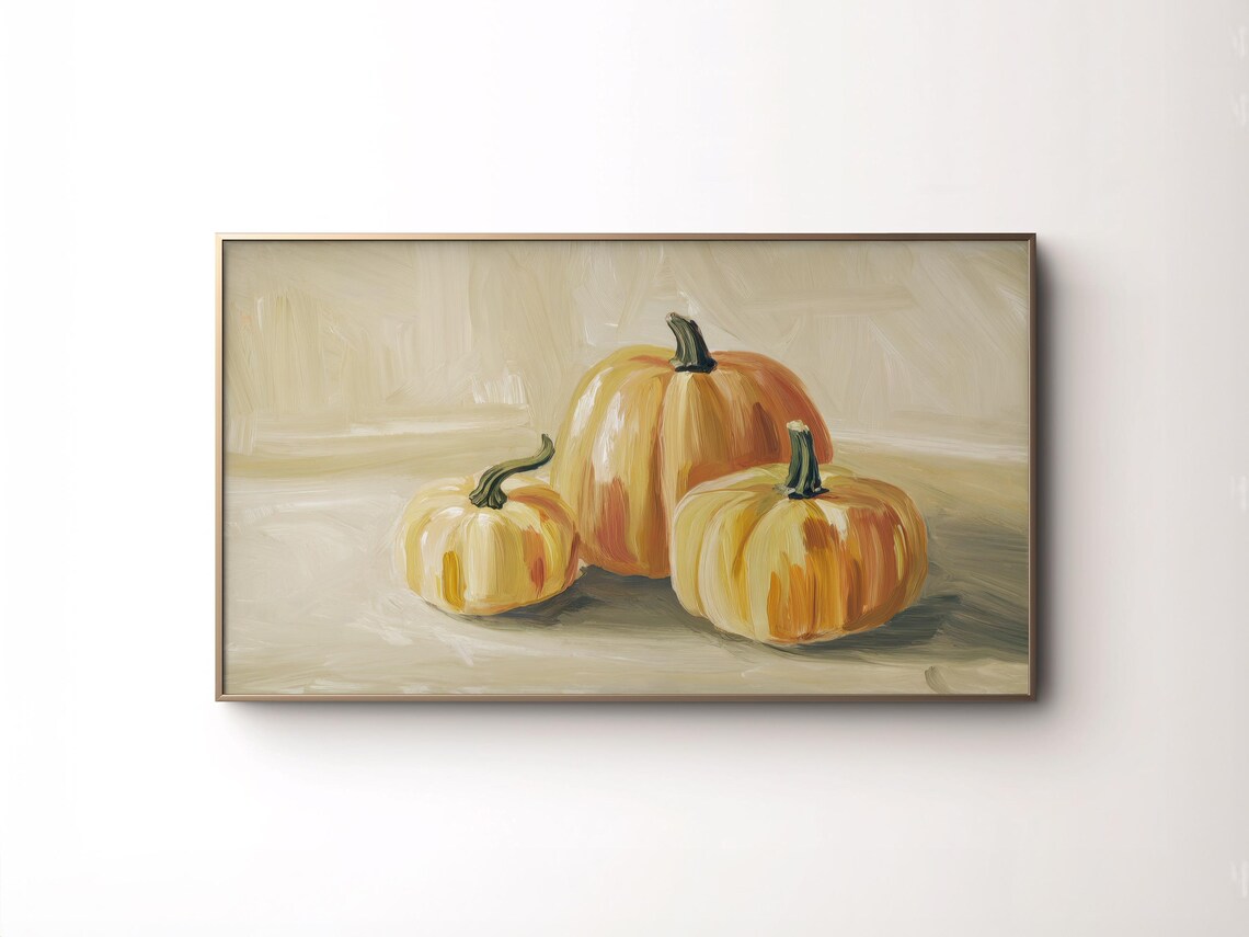 Three Pumpkins Neutral Beige Minimalist Fall Oil Painting Harvest Poster - Image 5